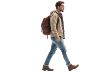 Man walking with a backpack, wearing casual clothes. Side view of a confident young male commuter isolated on transparent background.