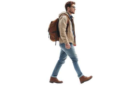 Man walking with a backpack, wearing casual clothes. Side view of a confident young male commuter isolated on transparent background.