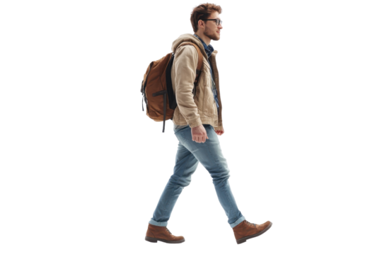 Man walking with a backpack, wearing casual clothes. Side view of a confident young male commuter isolated on transparent background. - Powered by Adobe