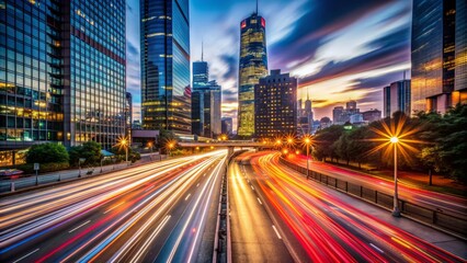 Fototapeta premium Fast-paced blurred cityscape at dusk with streaks of light from car headlights and taillights, capturing the dynamic energy of urban motion and speed.