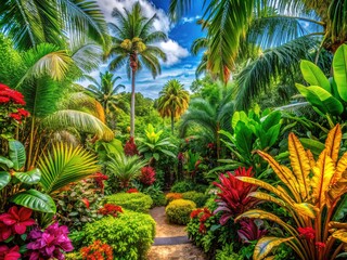 Obraz premium Tropical Paradise with Lush Greenery: exotic, vibrant, green foliage, lush vegetation, bright colors, tropical vibes