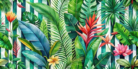 Tropical Paradise: Vibrant green foliage, bold stripes, and watercolor washes capture the lushness and exuberance of tropical destinations.