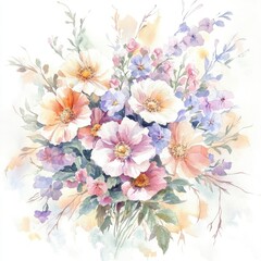 A beautiful watercolor illustration of a mixed bouquet featuring pastel flowers and delicate foliage, perfect for decor.
