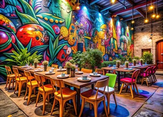 Obraz premium Vibrant Graffiti-Inspired Dinner: Bold colors, street art motifs, and urban textures; energetic and youthful vibe