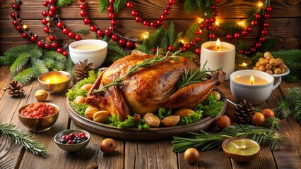 Festive holiday spread features roasted turkey, savory sides, and sweet treats, beautifully presented on a rustic wooden table with evergreen garland and candles.