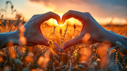 A pair of hands holding a heart shape in the sun. Concept of warmth and love, as the sun shines on the hands and heart. The bright colors of the sun and the leaves in the background create a cheerful