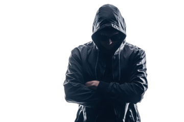 Mysterious hooded figure wearing a dark jacket with crossed arms, standing against a transparent background. Perfect for crime or thriller themes.