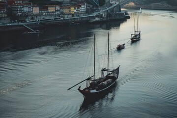 A pair of boats floating on the surface of the water, suitable for use as a background or scenic element