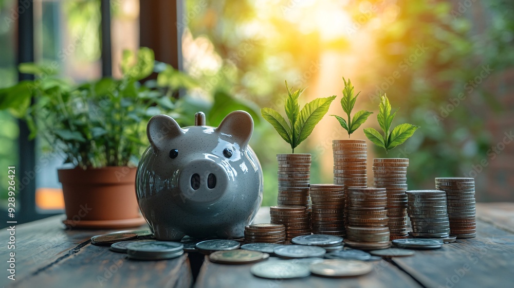 Aufkleber A visual guide showing different methods of saving money such as using a piggy bank investing in stocks or setting up a savings account Stock Photo with copy space