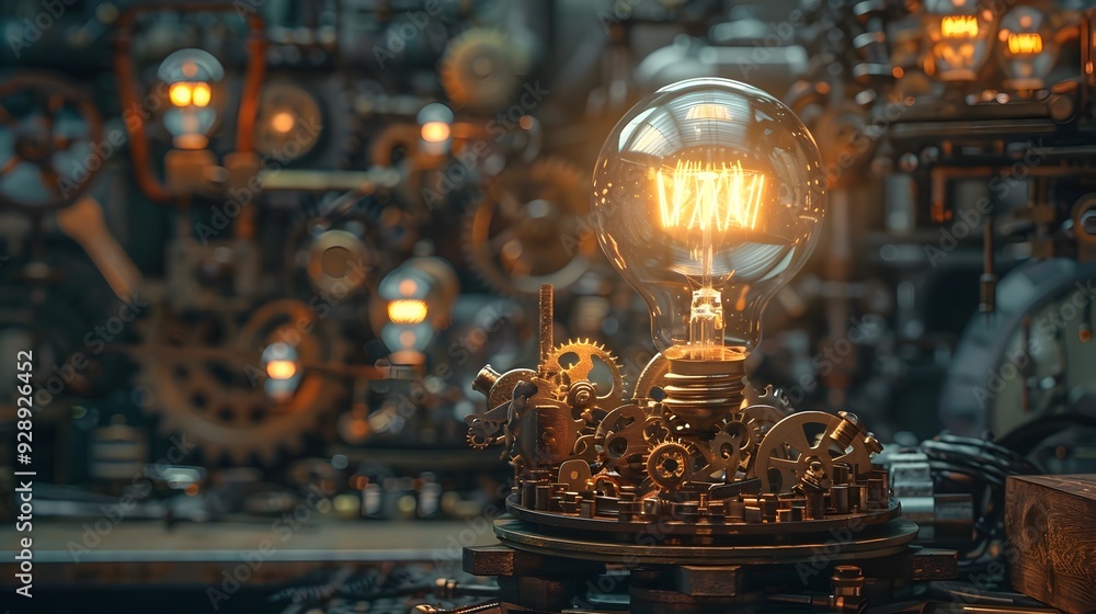 Poster steampunk machine generating glowing idea bulbs in a workshop filled with intricate gears and tools