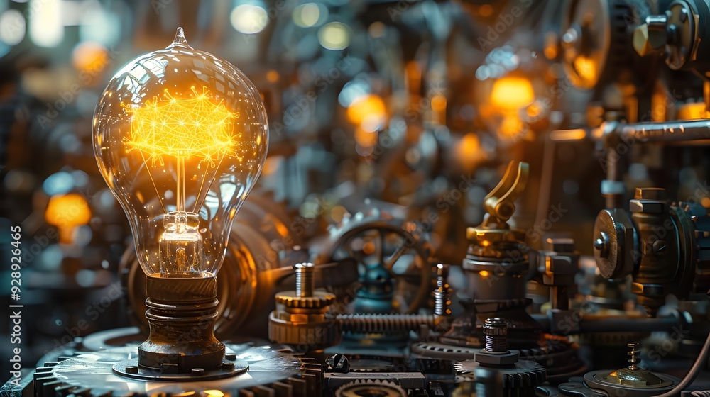 Poster steampunk machine generating glowing idea bulbs in a workshop filled with intricate gears and tools 