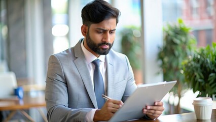 Fototapeta premium An Indian risk management consultant in formal attire, analyzing risk assessments. 