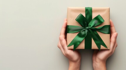 Giht box with green ribbon with hands top view background illustration generated by ai