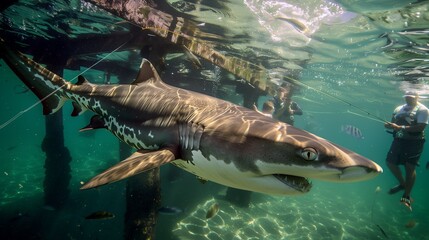 Fototapeta premium A large shark swims towards a fisherman while he reels in his line.