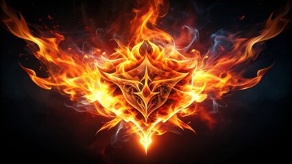 Flames engulf a stylized, abstract symbol, representing passion, energy, and transformation, set against a dark, smoky background, evoking a sense of intensity and power.