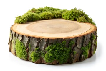 Wood slice with moss can serve as a display base. Ideal for nature-inspired presentations, eco-friendly products, or rustic-themed decor. Showcase, display case