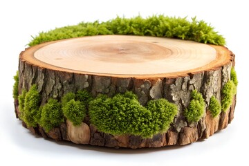 Pedestal for eco Product Showcase. Tree stump with green moss growing around bark, creating natural, rustic look. Cut tree on white background. wooden tray.
