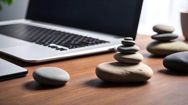 Zen stones on the workplace laptop desk
