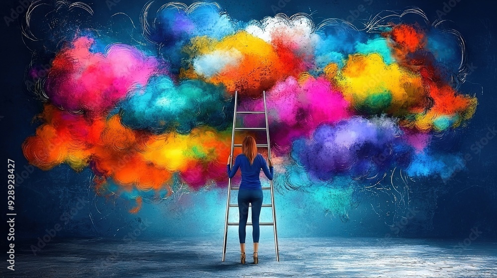 Poster a person perched atop a ladder in front of a sprawling array of hued clouds with a ladder in the bac