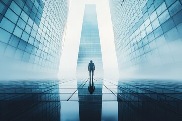 Obraz premium Futuristic conceptual photography of a person whose body is merging into a modern skyscraper. The human figure appears partially transformed into steel and glass, symbolizing the connection between