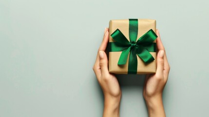 Giht box with green ribbon with hands top view background illustration generated by ai