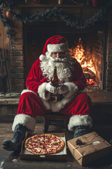 A man dressed as Santa Claus sitting in front of a fireplace holding a bottle of beer and a pizza