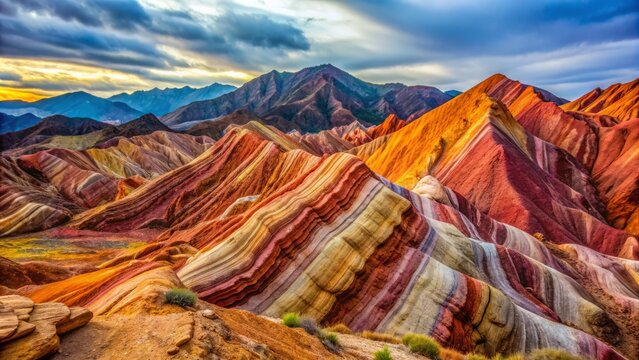 Folded and fractured metamorphic rock formation displaying vibrant shades of orange, pink, and purple, with intricate patterns and textures in a mountainous landscape backdrop.
