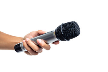 Man hand holding a wireless microphone isolated on white background.