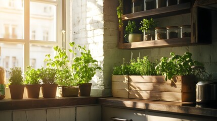 Fototapeta premium Sunlit Indoor Herb Garden in Rustic Kitchen Setting with Aromatic Plants