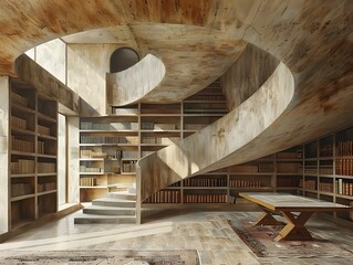 Modern Library Interior with Concrete Staircase and Bookshelves.