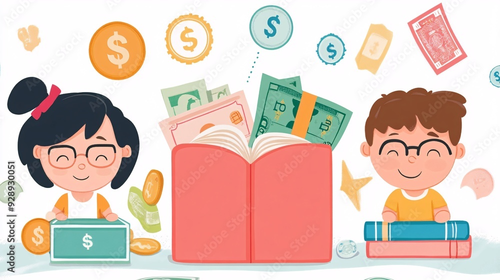 Aufkleber An illustration showing different ways to teach children about money including using games allowances and simple explanations about saving and spending Stock Photo with copy space