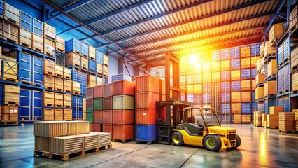 Freight containers stacked in a bustling warehouse with forklifts and pallets, highlighting the efficiency and organization of a well-managed logistics and supply chain operation.