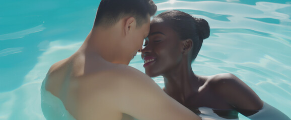 Attractive interracial newlywed couple in love on honeymoon vacation, skinny dipping, swimming and kissing in pool