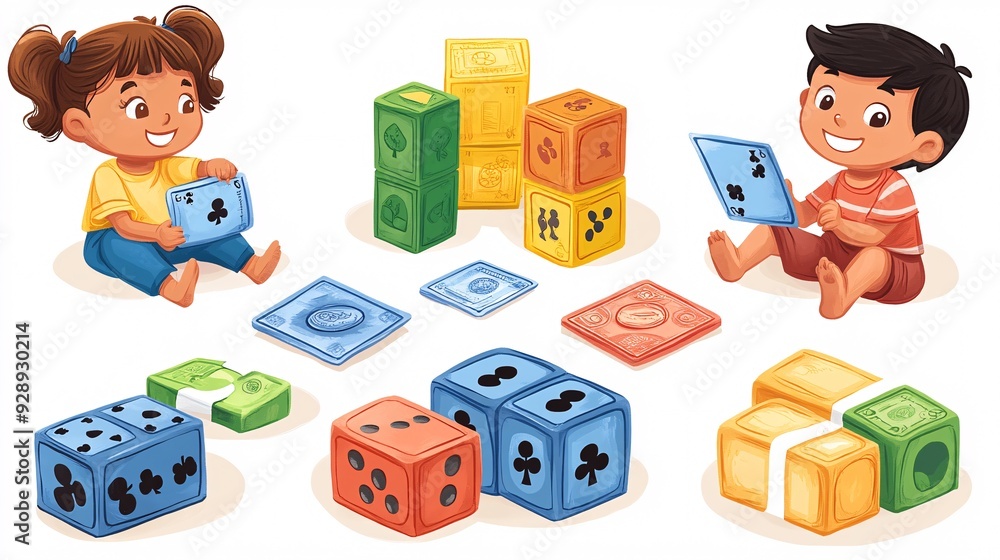 Poster An illustration showing different ways to teach children about money including using games allowances and simple explanations about saving and spending Stock Photo with copy space