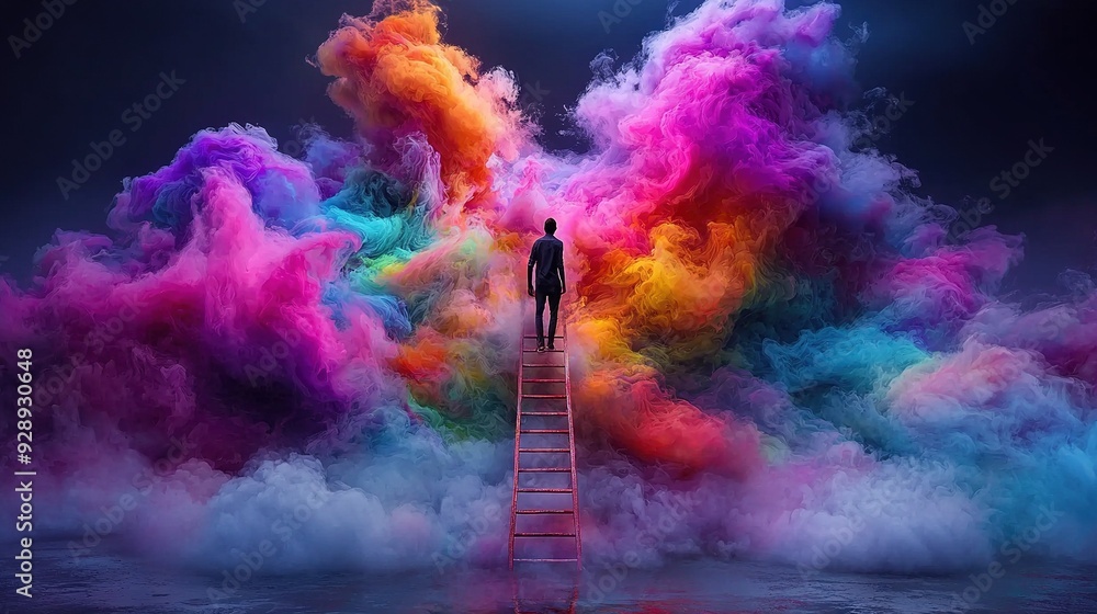 Poster a man on a ladder in front of a colorful cloud of smoke with a full moon in the background