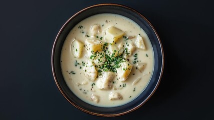 Creamy Potato Soup Garnished with Fresh Herbs in a Bowl - Powered by Adobe