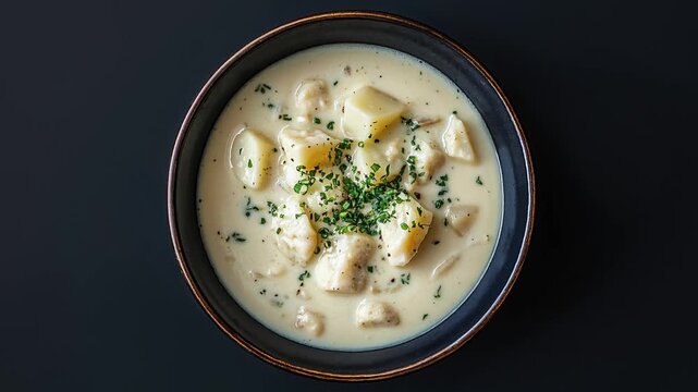 Creamy Potato Soup Garnished with Fresh Herbs in a Bowl