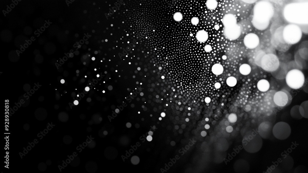 Poster abstract black and white pattern with drifting light spots and bokeh effect in a dark atmosphere