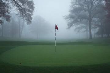 Obraz premium Golf Flagstick , Serene Foggy Golf Course with Flagstick Peeking Through Morning Mist
