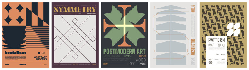 Set modernism art colorful trendy poster, artwork minimalistic and  brutalism style, abstract geometric A4 rave postmodern composition, vector simple shapes print graphic in Y2K aesthetics, set 5