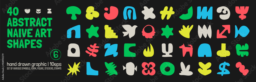 Poster collection of various hand drawn bizarre abstract geometric unusual shapes, forms in matisse art sty