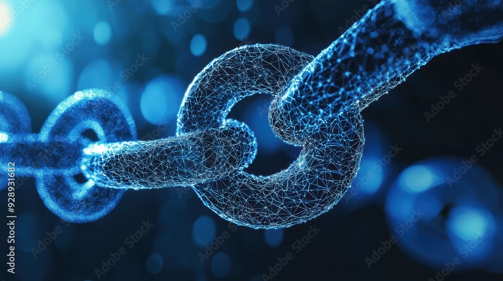 Poster a close up view of digital chain link, showcasing futuristic design with glowing blue network struct