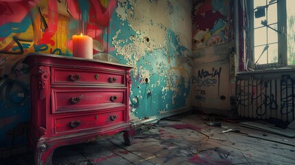 Abandoned Room with Red Dresser and Candle.