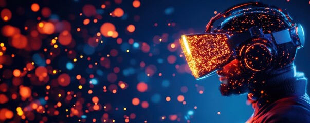 A futuristic scene featuring a person in a virtual reality headset, surrounded by vibrant particles and glowing lights.