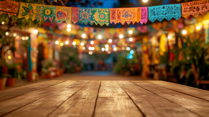 Empty wooden table against a backdrop of vibrant papel picado banners and festive lights on Cinco de Mayo night