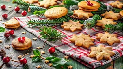 Fototapeta premium Freshly baked Christmas cookies scattered on a festive holiday tablecloth, with a few crumbs and a half-eaten treat laying nearby, surrounded by holly and evergreen.
