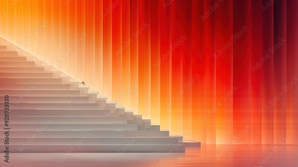 Poster a set of stairs ascending towards an intense orange and scarlet backdrop with diagonal lines dividin