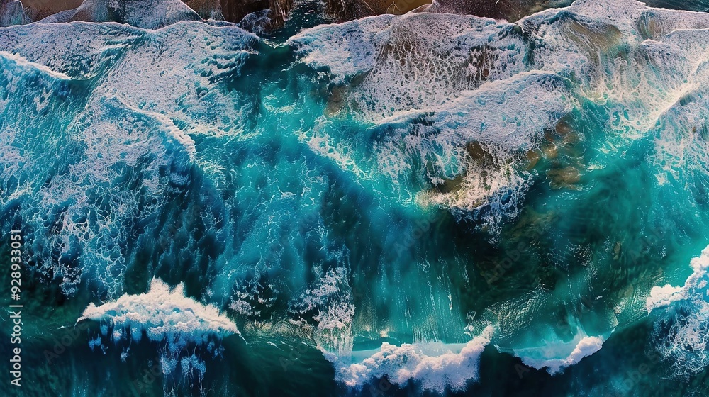 Poster an aerial view of a vast sea with a wave approaching the shore and distant mountains in the backgrou