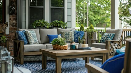 Fototapeta premium A cozy outdoor seating area featuring stylish sofa, decorative pillows, and wooden coffee table, evoking relaxed and inviting atmosphere. 