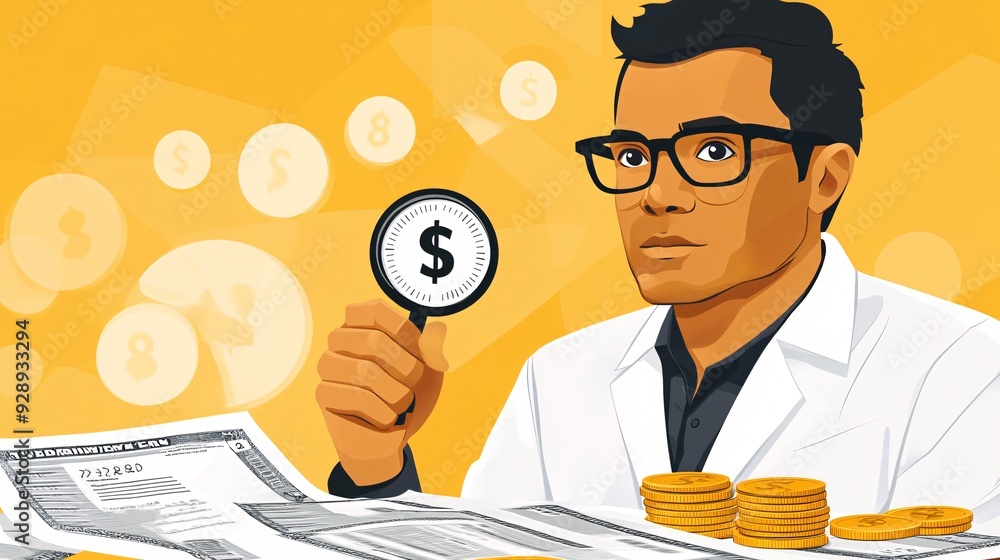 Poster An illustration of a financial health check-up showing different aspects like budgeting saving debt management and investing with tips for improvement Stock Photo with copy space